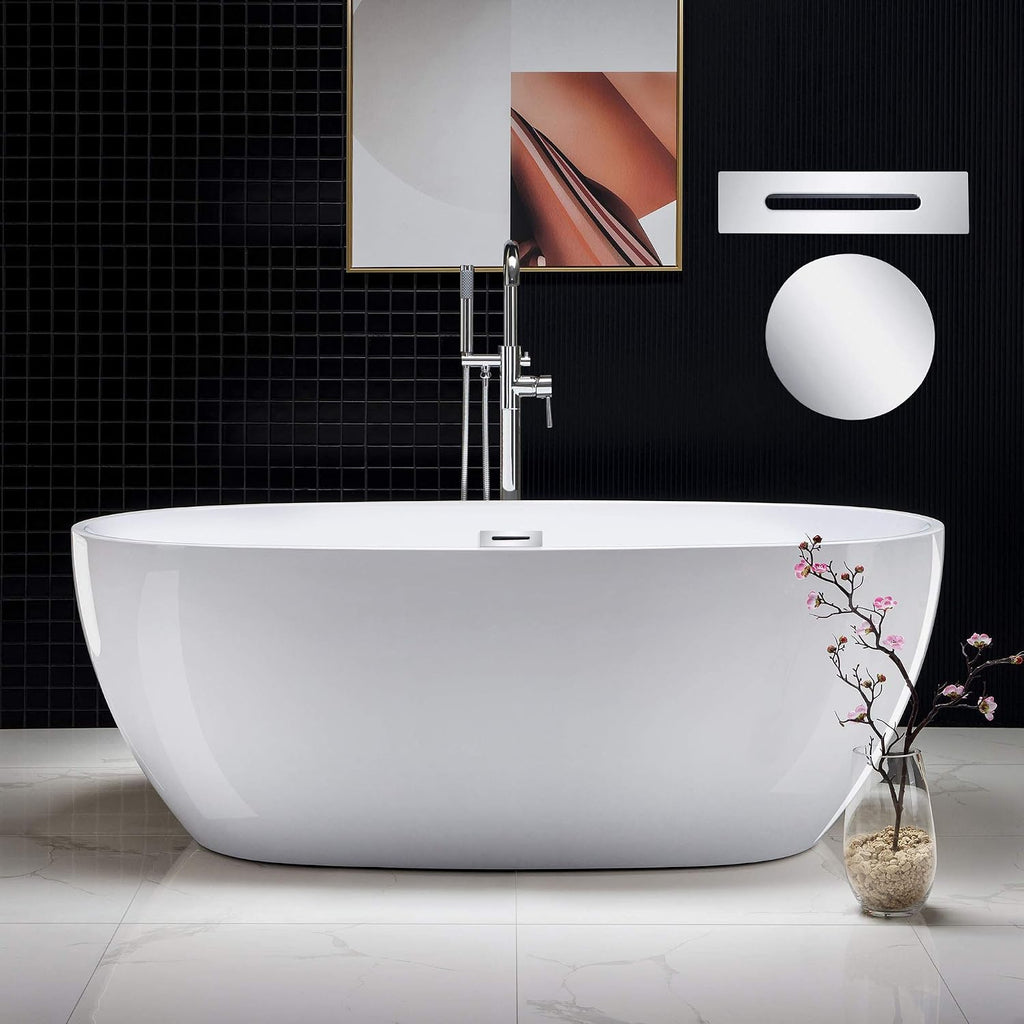 WOODBRIDGE 67' Acrylic Freestanding Bathtub Contemporary Soaking White Tub with Chrome Overflow and Drain，B0028 -C-Drain &O