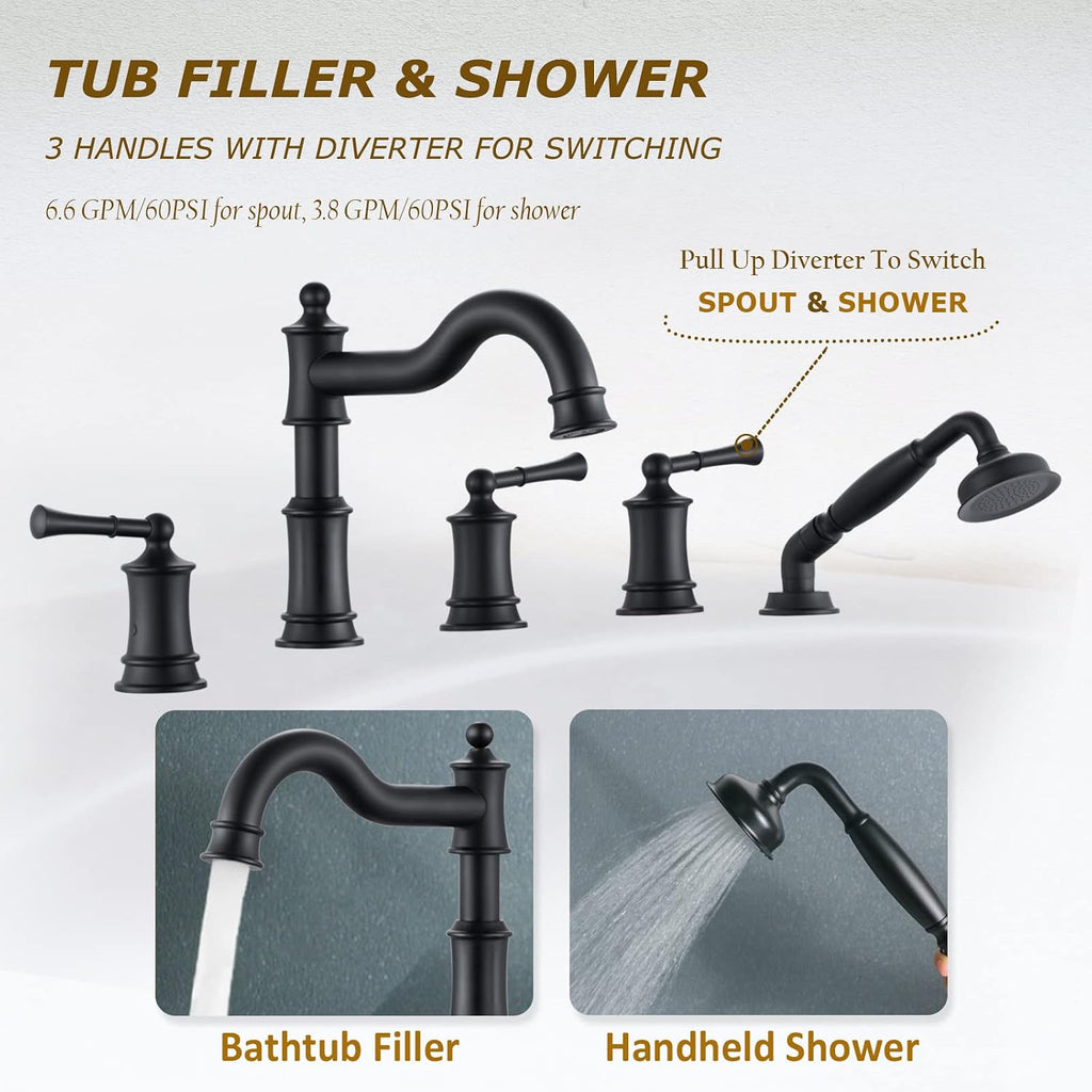 Roman Tub Faucet Set With Handheld Shower 5 Hole Deck Mount Tub Filler With Diverter, 3 Lever Handle Rough-in Valve and Water Supply Lines Included for Bathroom Tub, Matte Black