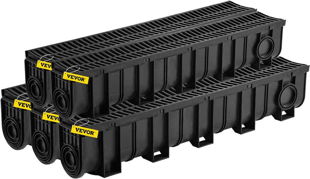 VEVOR Trench Drain System 5 Pack, Channel Drain with Plastic Grate 5.9 x 7.5 in HDPE Drainage Trench, Black Plastic Garage Floor Waterway 5 x 39 in with 5 End Caps for Garden Driveway