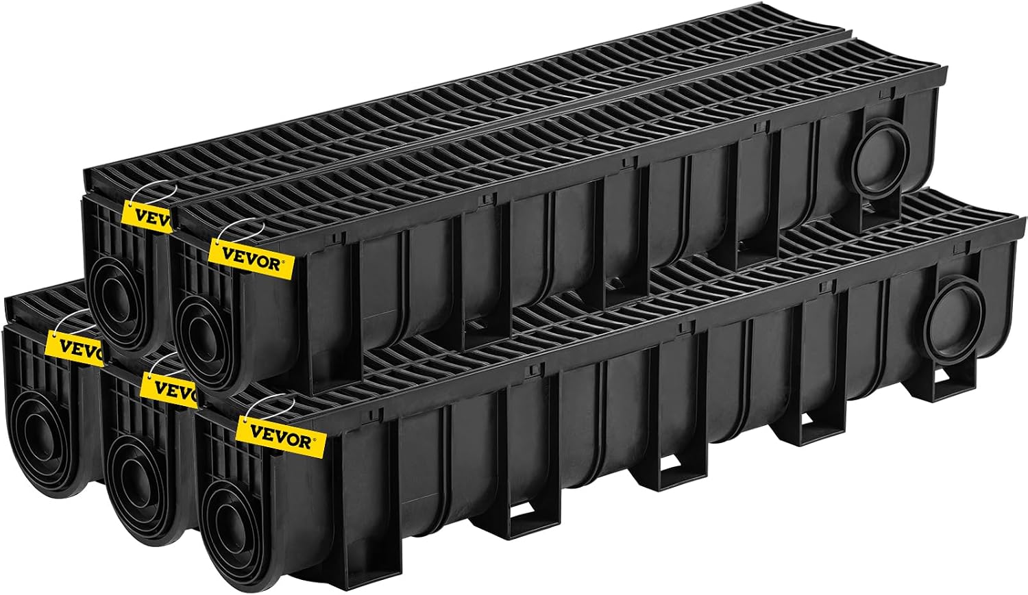 VEVOR Trench Drain System 5 Pack, Channel Drain with Plastic Grate 5.9 x 7.5 in HDPE Drainage Trench, Black Plastic Garage Floor Waterway 5 x 39 in with 5 End Caps for Garden Driveway