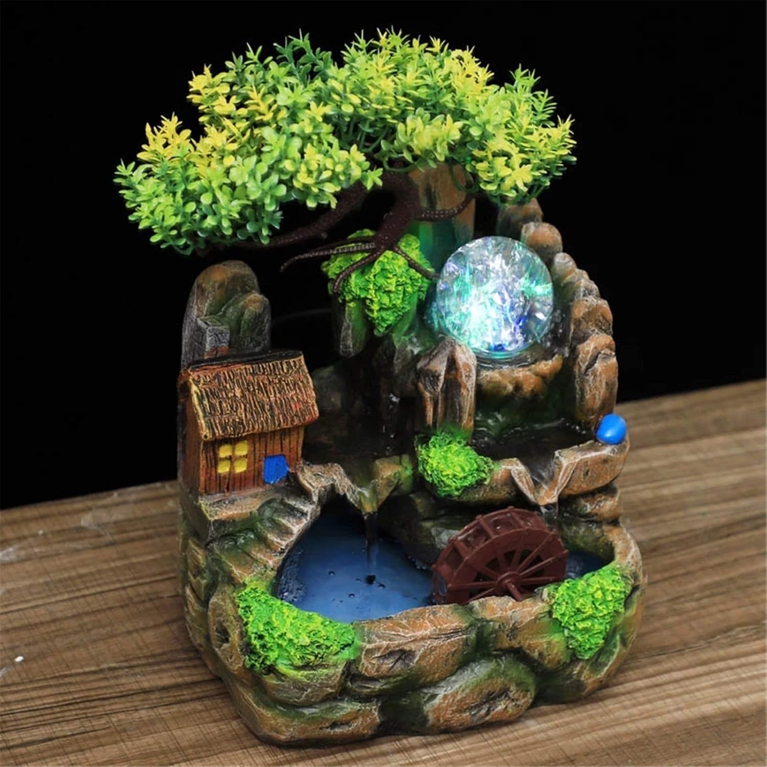 Tabletop Fountain Indoor Fountains Tabletop Fountain Led Lights Resin Rockery Flowing Water Fountain Lucky Feng Shui Wheel Office Desktop Ornaments Home Decoration Meditation Fountain Relaxation Table