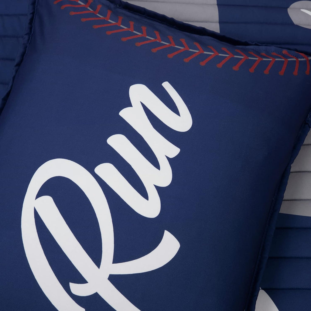 Lush Decor Baseball Game Reversible Quilt Queen Size 5 Piece Set Full/Queen Navy & Gray - Kids Bedding Set Full Quilt - Sports Decor - Baseball Bedding