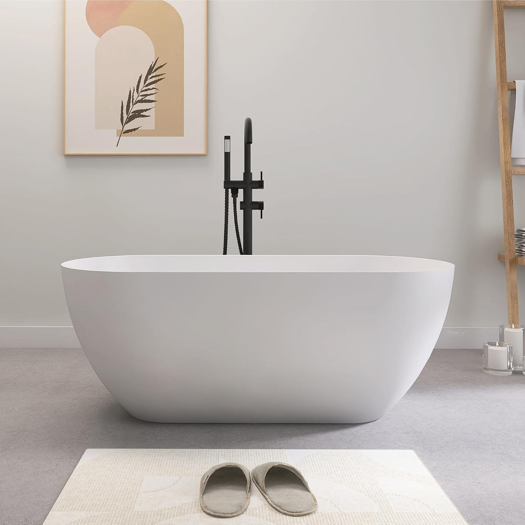 SJ STAR&JANE 51' Solid Surface Freestanding Bathtub, Matte White Oval Soaking Stone Resin Tub with Overflow and Pop-up Drain for Modern Bathrooms