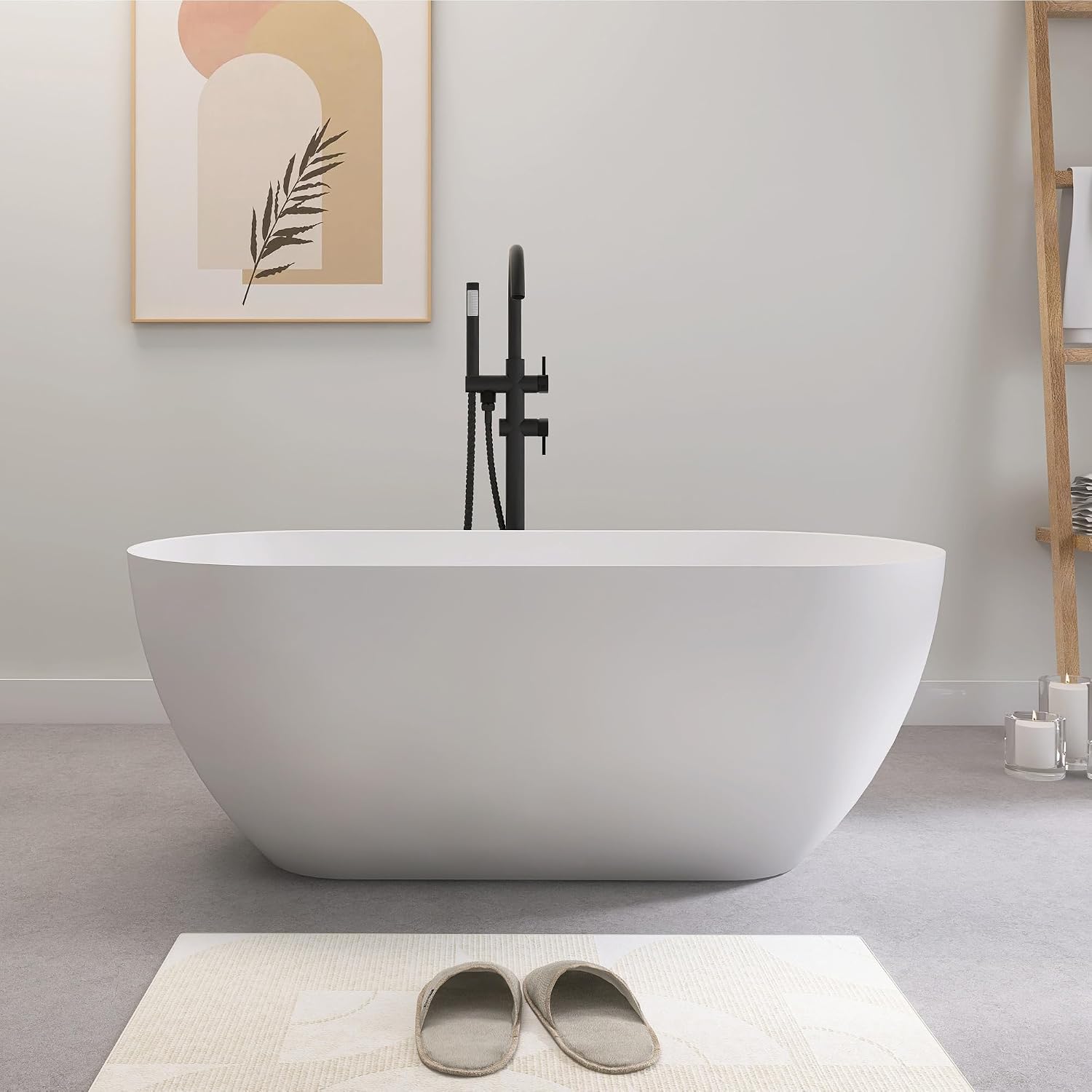 SJ STAR&JANE 51' Solid Surface Freestanding Bathtub, Matte White Oval Soaking Stone Resin Tub with Overflow and Pop-up Drain for Modern Bathrooms