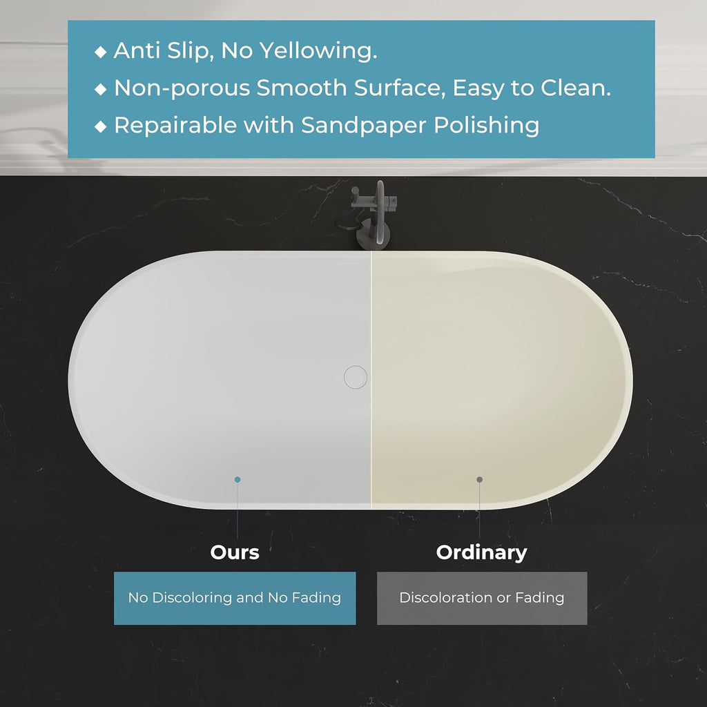69' Premium Solid Surface Freestanding Bathtub, Oval Stone Resin Tub with Overflow and Pop-up Drain, Matte White