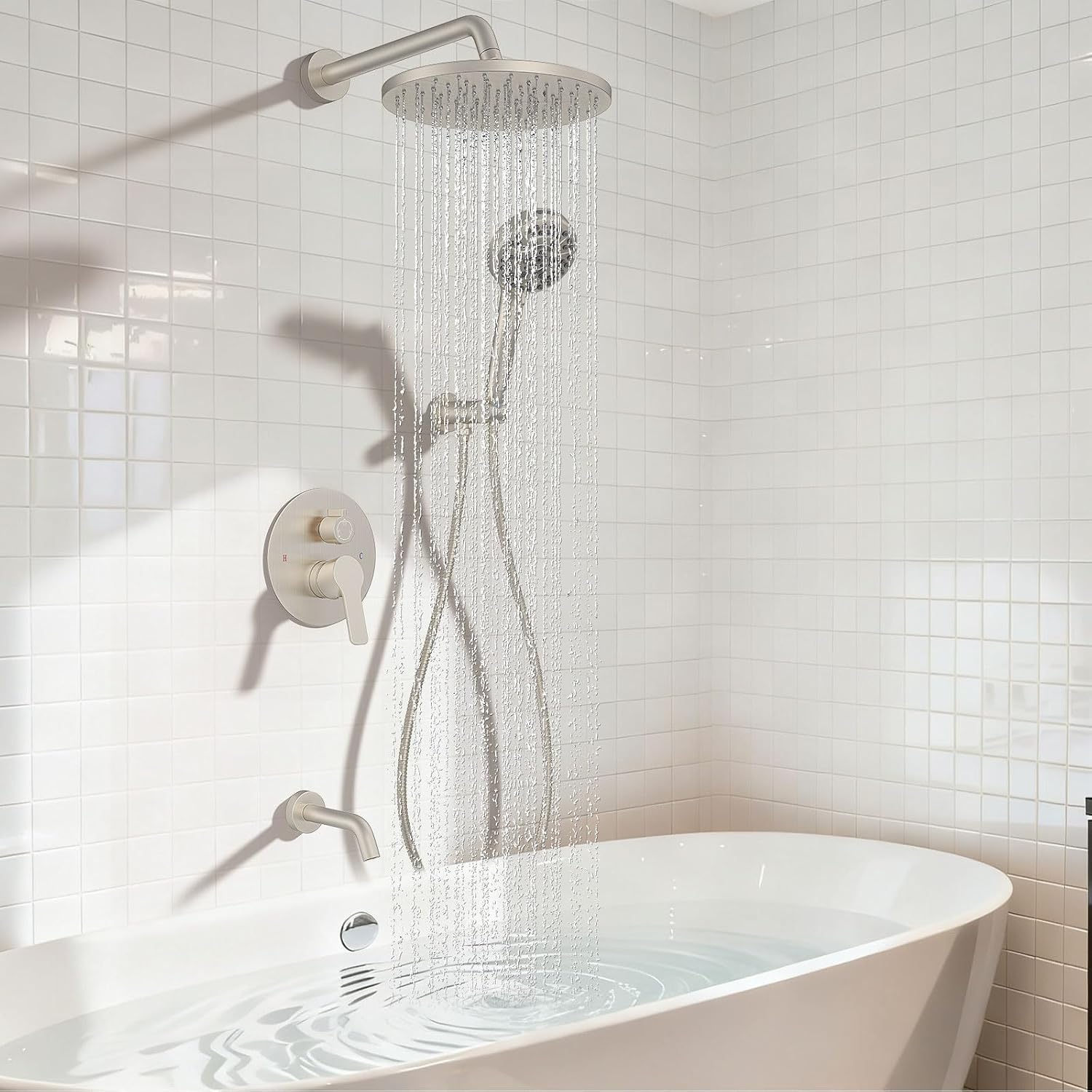 Iriber Brushed Nickel Bathtub Shower Faucet Set，Bathroom Shower System with Tub Spout ，Filtered Shower Head with Handheld, 9 Spray Mode Showerhead,Shower Valve Trim Kit Contain Cartridge,10 Inch