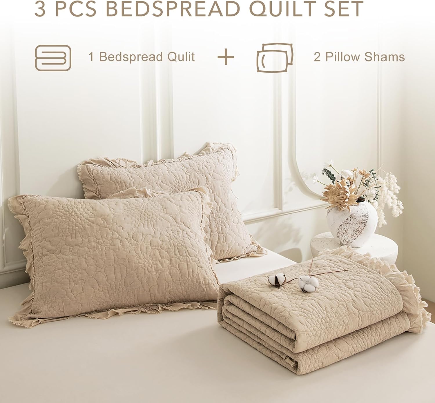 QSH 3PCs Stonewashed Cotton Quilt King (110'x98'), Dark Wheat Ruffled Quilt King Size Bedding Set,Ultra Lightweight Soft Crinkled Bedspread Coverlet King Shabby Farmhouse Chic Bedding for All Seasons