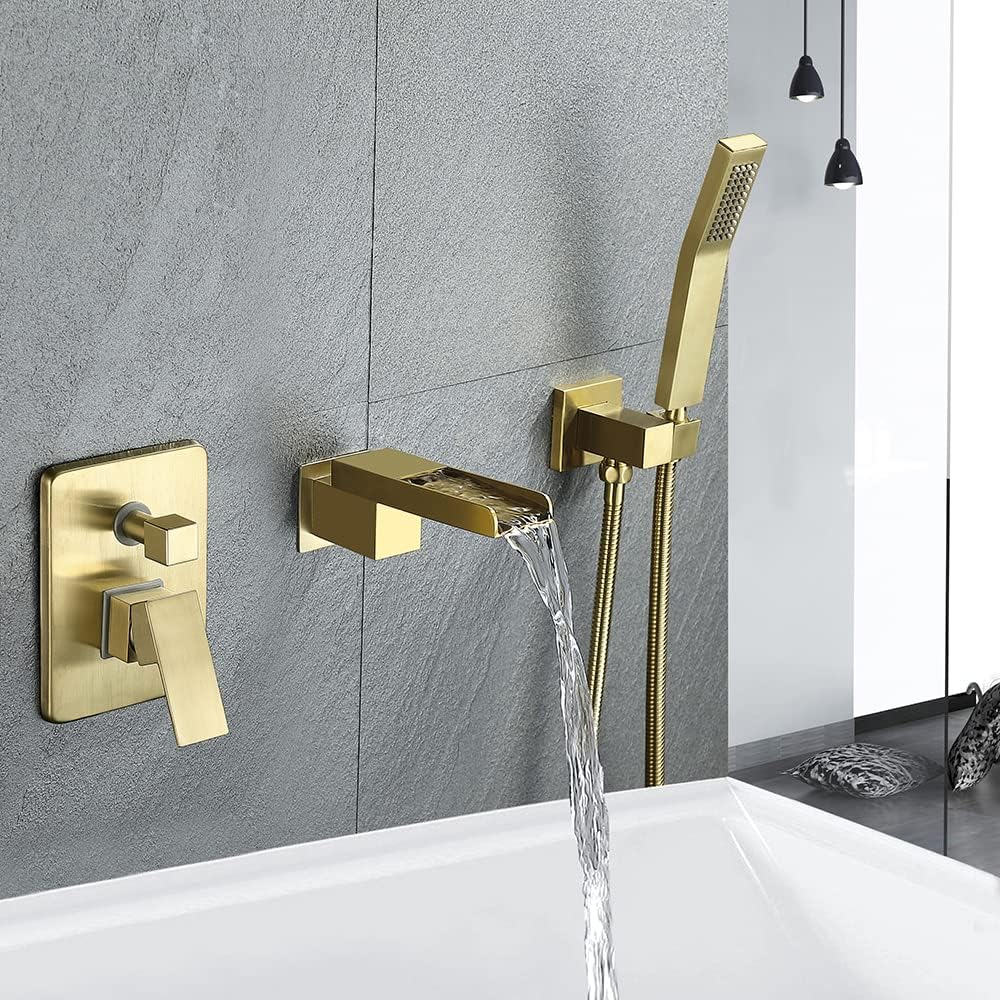 Bathtub Faucet with Shower Set, Bathtub Mixer Tap with Brass Hand Shower Bath Faucet, with 1.5m Shower Hose, Bathroom Shower with Hand Shower Swivel Waterfall Spout, Bathroom Taps Set,Brushed Gold