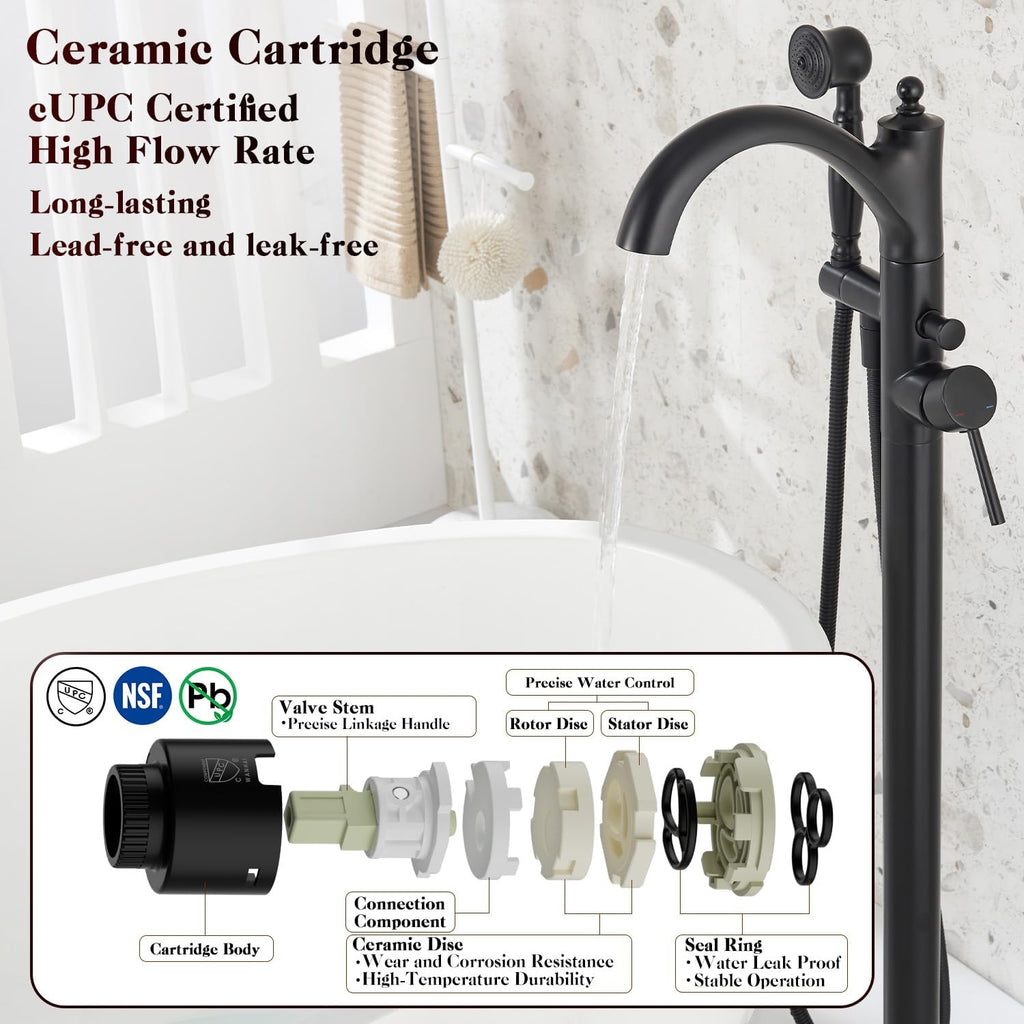 Freestanding Bathtub Faucet, Matte Black Classic Free Standing Tub Faucet with Vintage Handheld Sprayer High Flow Max 7.04GPM Floor Mounted Tub Filler (WT-9002BK)