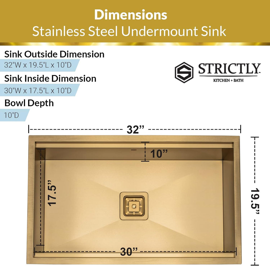 Strictly Sinks Undermount Workstation Gold Kitchen Sink –32 Inch 16 Gauge Single Bowl Kitchen Sink with Bottom Grid, Wooden Cutting Board, Colander, 1 Garbage Disposal Adapter, & 1 Strainer Drain