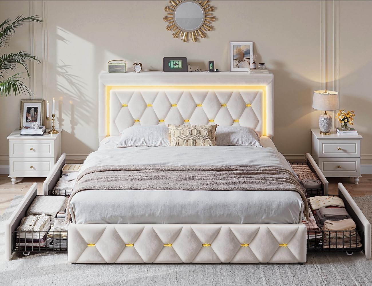 Homkdom Full Bed Frame with 4 Storage Drawers & Adjustable Tall Headboard,Soft Velvet Bed Frame Full with Smart LED Lights & Charging Station,1100LB-Heavy Duty Metal Support, Modern,Beige