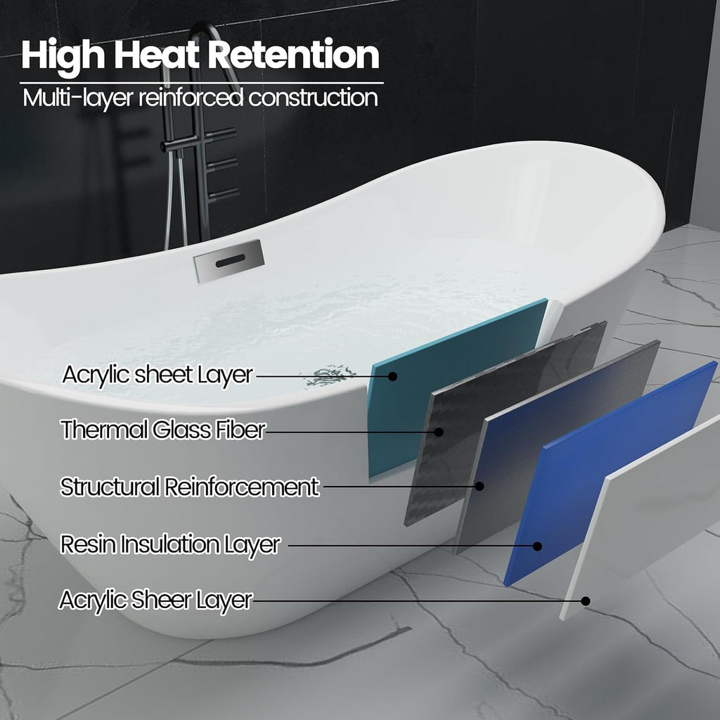 67'' Freestanding Bathtub, Acrylic, Deep Soaking Tub with Non-Slip Surface, Modern Free Standing Bath Tub, Chrome Drain, cUPC Certified, Easy Install, Space-Saving Bathtub for Bathrooms, White