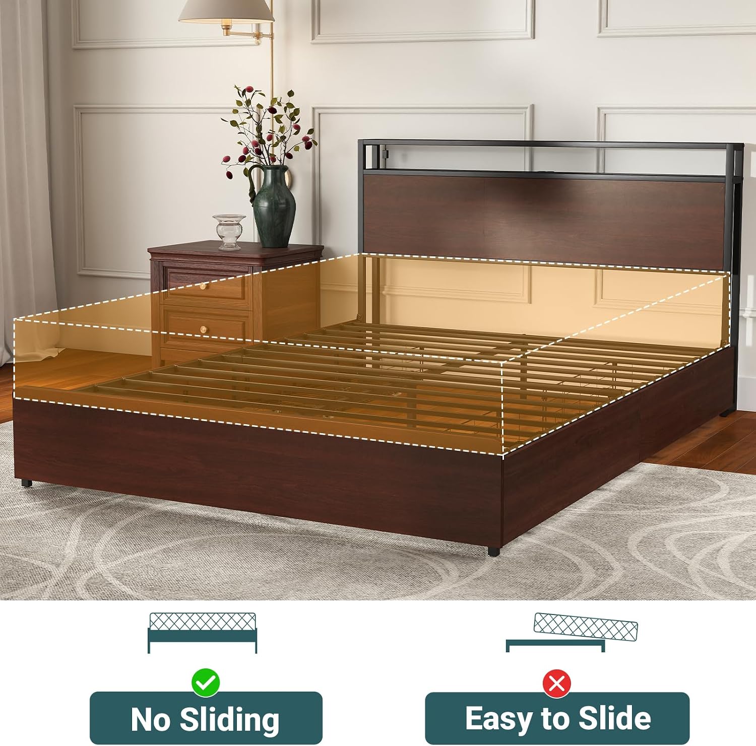 Zevemomo Full Size Bed Frame with 4 Storage Drawers, Full Platform Bed Frames with 2 Tier Storage Headboard, Charging Station, Adjustable LED Light, Noise-Free, No Box Spring Required, Reddish Brown