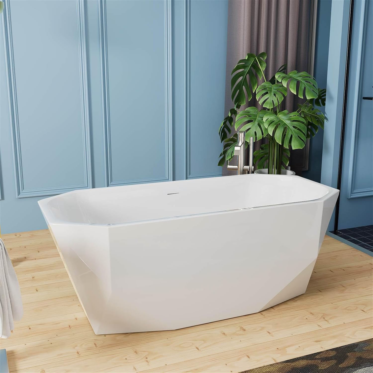 63' Acrylic Freestanding Bathtub, Irregular Diamond Shape Free Standing Tub, Soaking Tub with Integrated Slotted Overflow, Toe-Tap Chrome Drain, cUPC Certified, Glossy White