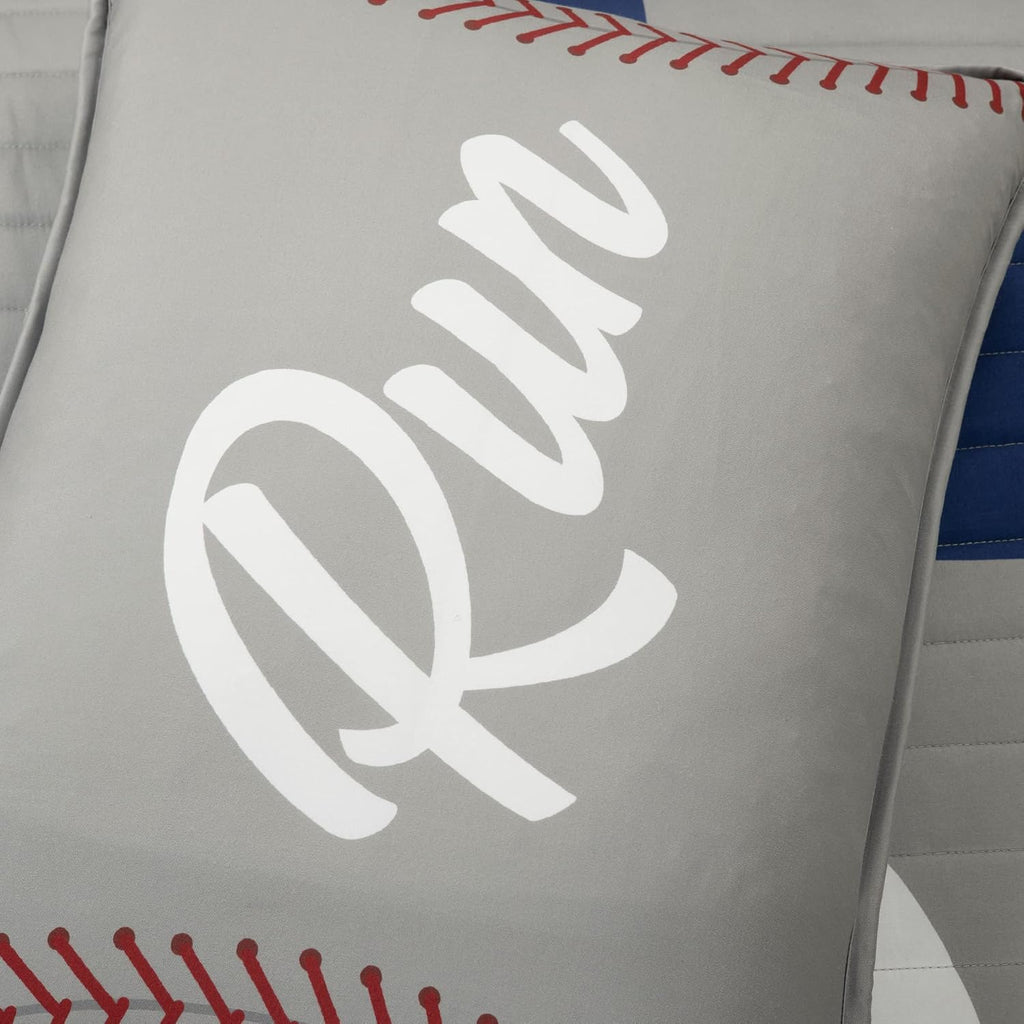Lush Decor Baseball Game Reversible Quilt Queen Size 5 Piece Set Full/Queen Gray & Navy - Kids Bedding Set Full Quilt - Sports Decor - Baseball Bedding