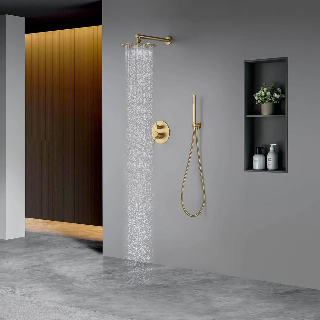 KIBI Circular Bathroom Shower System | 2-Function Wall Mounted Shower Faucet Set | Solid Brass Pressure Balanced Valve Construction | Durable and Leak-Free | Brushed Brass Finish (KSF403)