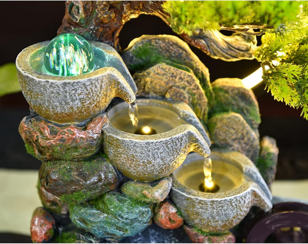 HIHELO Desktop Fountain Indoor Tabletop Fountain Waterfall Zen Meditation Indoor Waterfall Function with Automatic Pump Artificial Tree and Lighting Waterfall Water Fountain Outdoor (Size : Small)