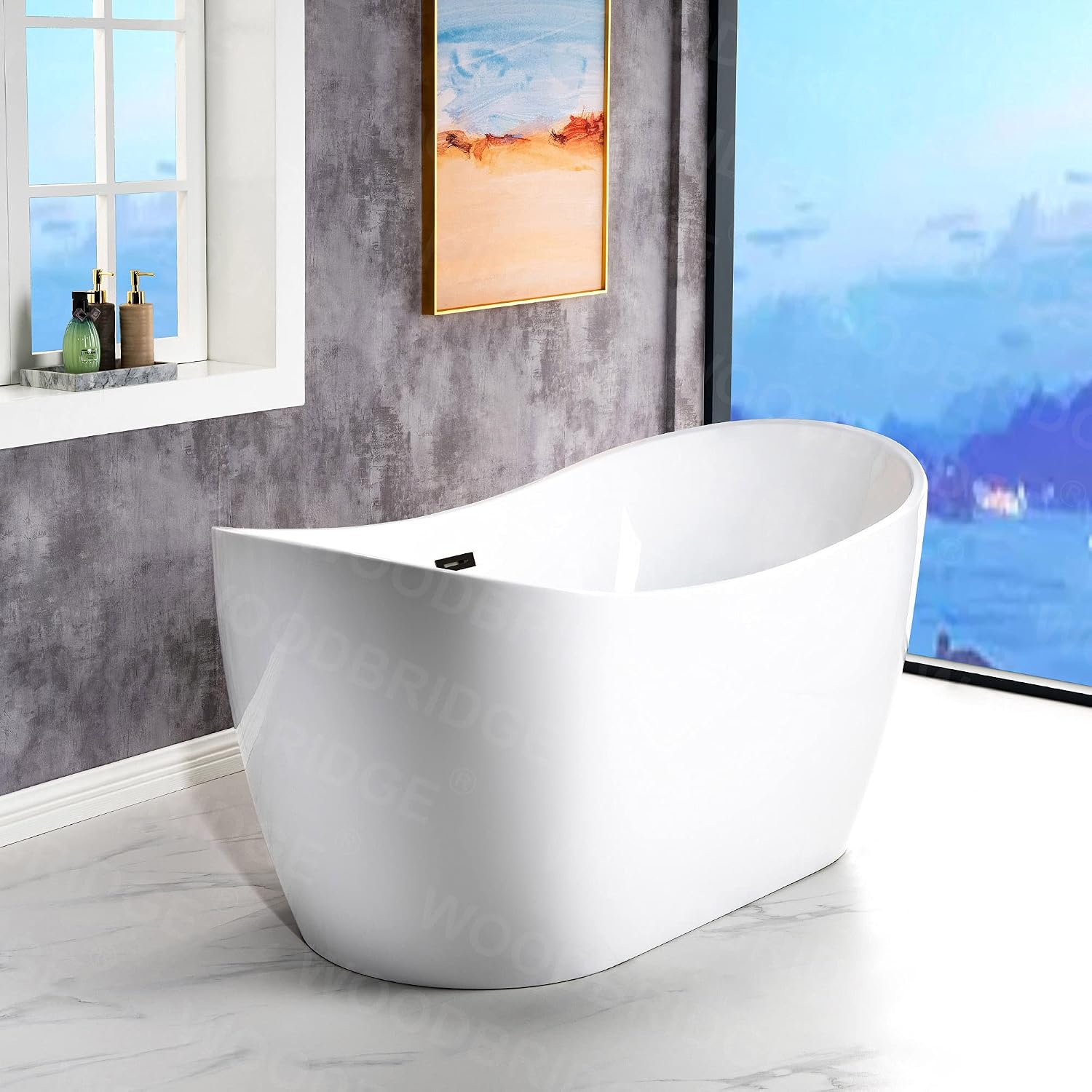 WOODBRIDGE 59' Acrylic Freestanding Bathtub Contemporary Soaking White Tub with Matte Black Overflow and Drain,B0016-MB