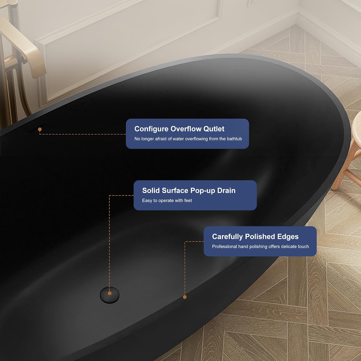 SJ STAR&JANE 61' Solid Surface Freestanding Bathtub, Matte Black Oval Soaking Stone Resin Tub with Overflow and Pop-up Drain for Modern Bathrooms