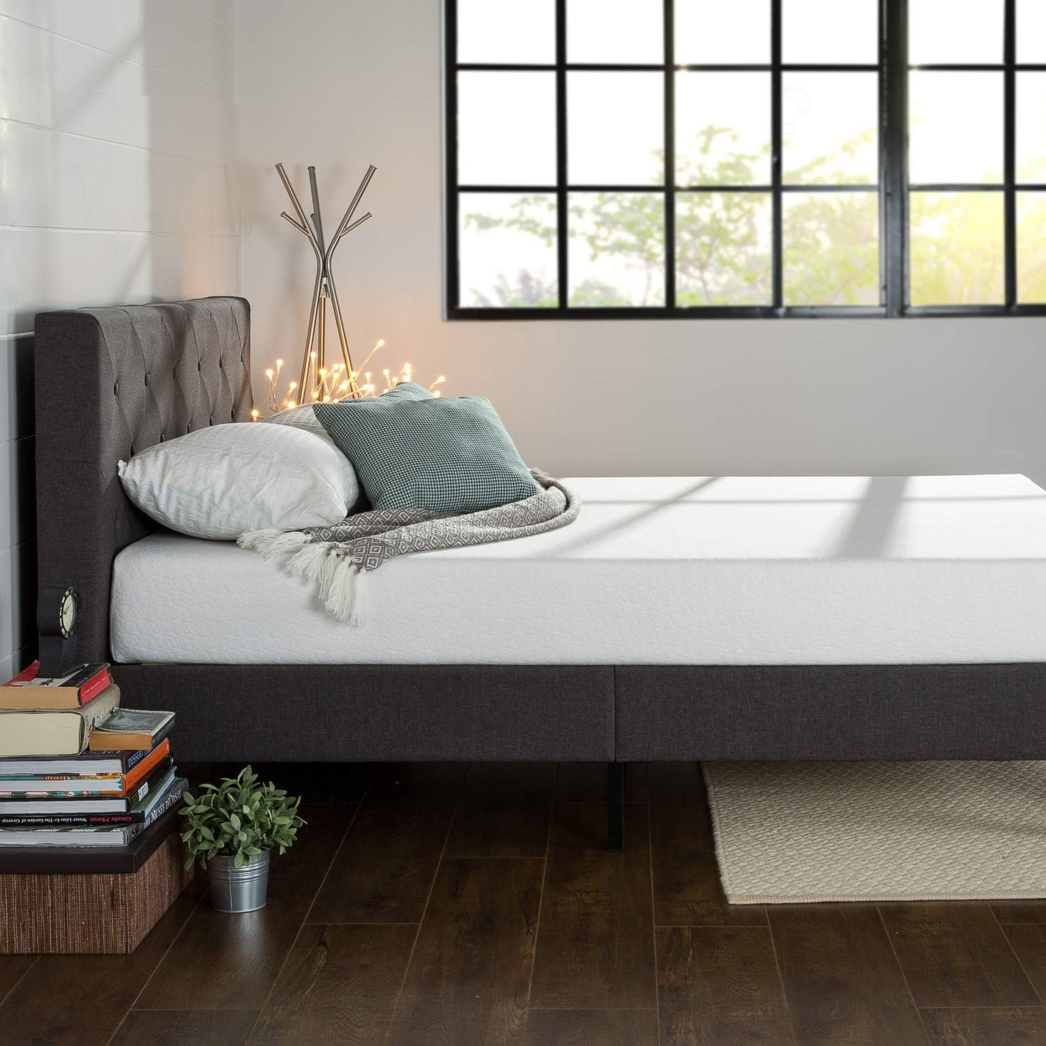 Zinus Shalini Upholstered Platform Bed Frame Mattress Foundation, Wood Slat Support, No Box Spring Needed. Easy Assembly, Twin, Dark Grey