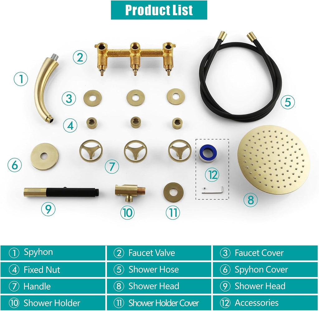 SKOWLL Rainfall Shower Faucet Set 3 Handle Shower Fixtures System Wall Mount 10 Inch Bathroom Shower Head Kit with 2 Function Shower Valve, Brushed Gold