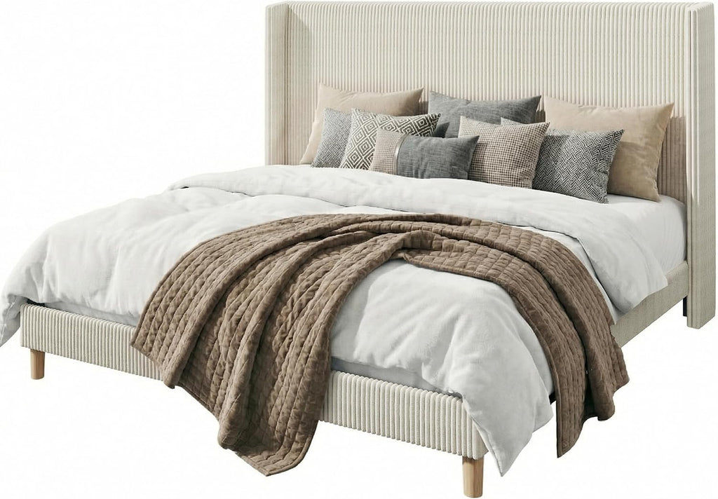 HUAHUU King Size Bed Frame with 51.2' Tall Headboard, Corduroy Upholstered Bed Frame with Wingback, Platform Bed with Wooden Slats Support, Easy Assembly, No Box Spring Needed, Beige