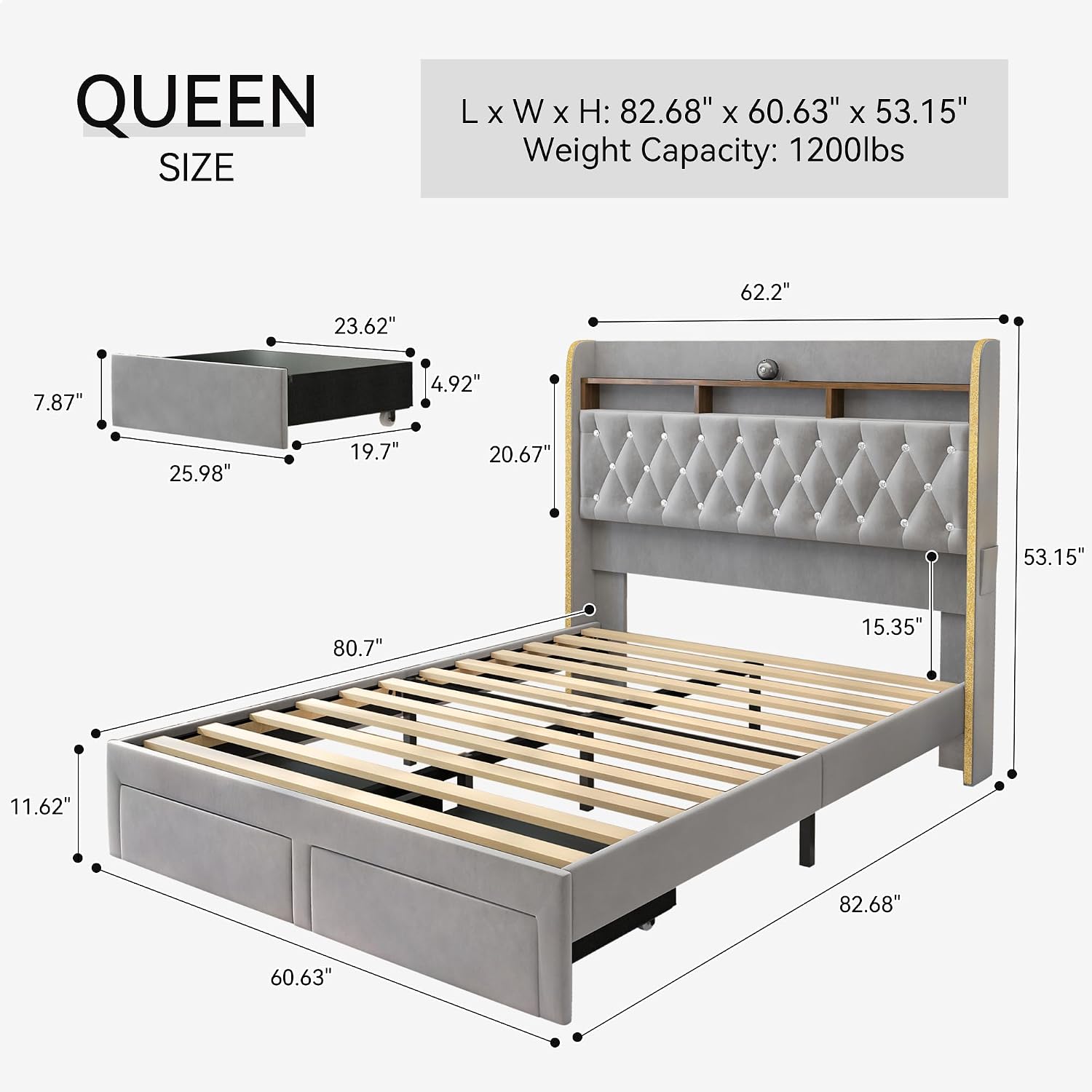 Torana Queen LED Bed Frame with 2 Drawers, 53' Tall Platform Beds with Galaxy Star Projector Charging Station, Velvet Upholstered Diamond Tufted Aurora Bedframe with Storage Headboard, Grey