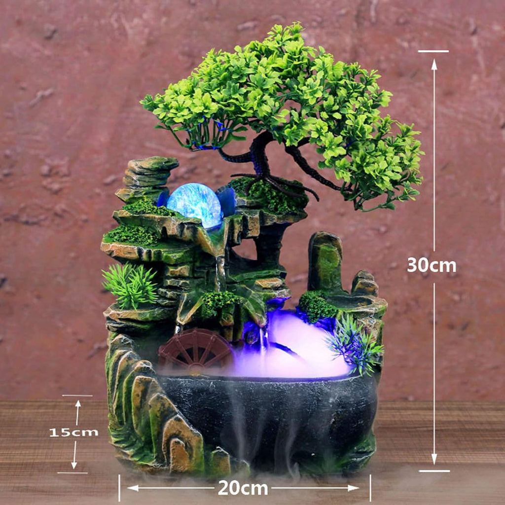 Indoor Fountain Tabletop Fountain, LED Lights Fake Tree Flowing Fountain Rockery Office Tabletop Desktop Bonsai for Office Home Relaxation Meditation Fountain