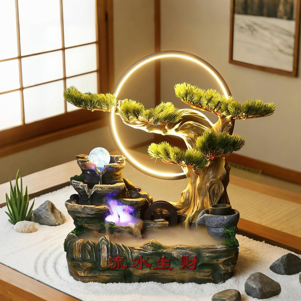 Table Fountain, Indoor Water Tiered Cascading Design with LED Lights, Quiet Pump, Decorative Desk & Home Accent, for Home Office Bedroom Relaxation Decor