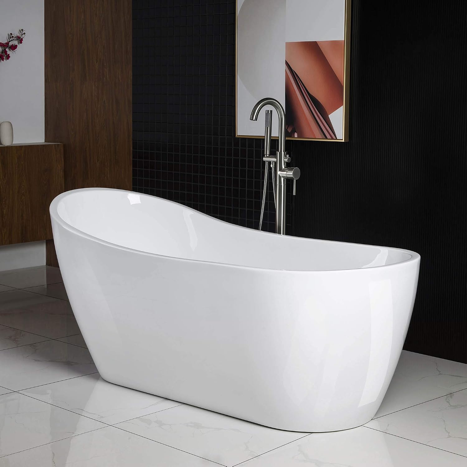 WOODBRIDGE 67' Acrylic Freestanding Bathtub Contemporary Soaking White Tub with Brushed Nickel Overflow and Drain,B-0001-BN