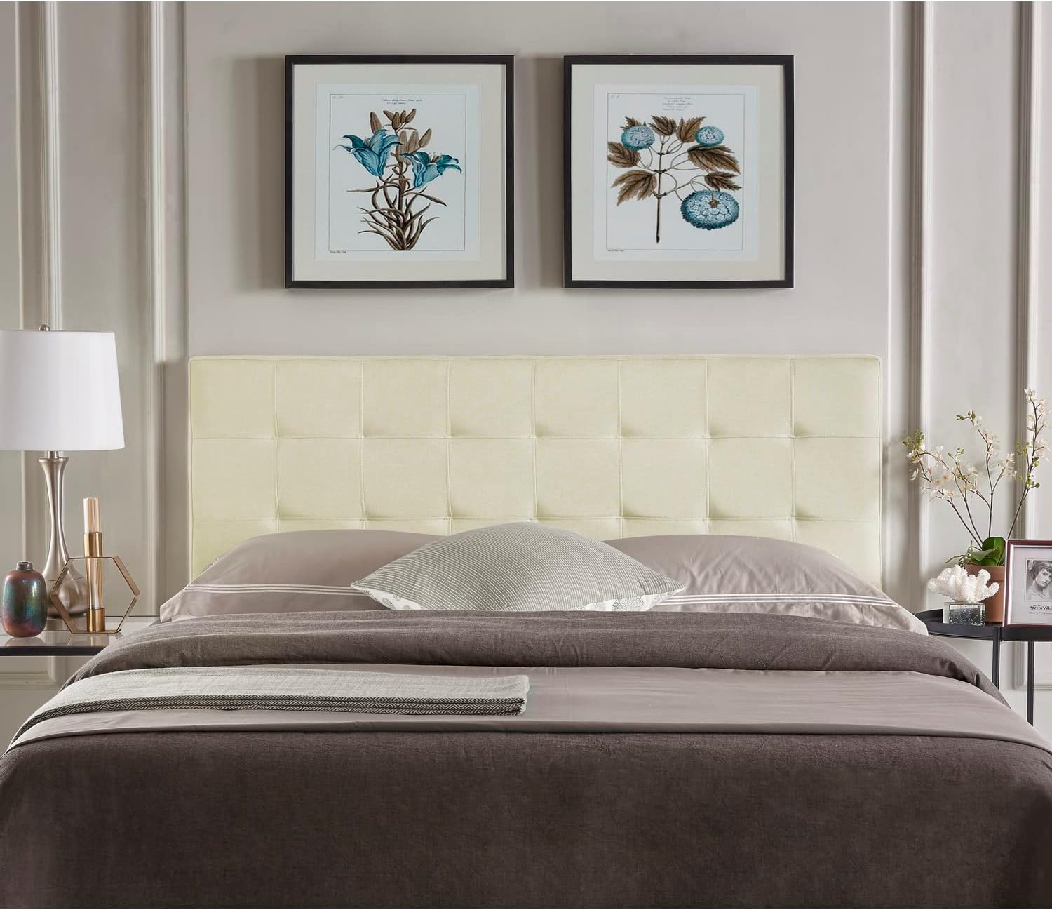 Naomi Home Jessenia Queen Headboard – Linen Upholstered Adjustable Tufted Panel with Padded Surface, Wall or Bed Frame Mount – Cream