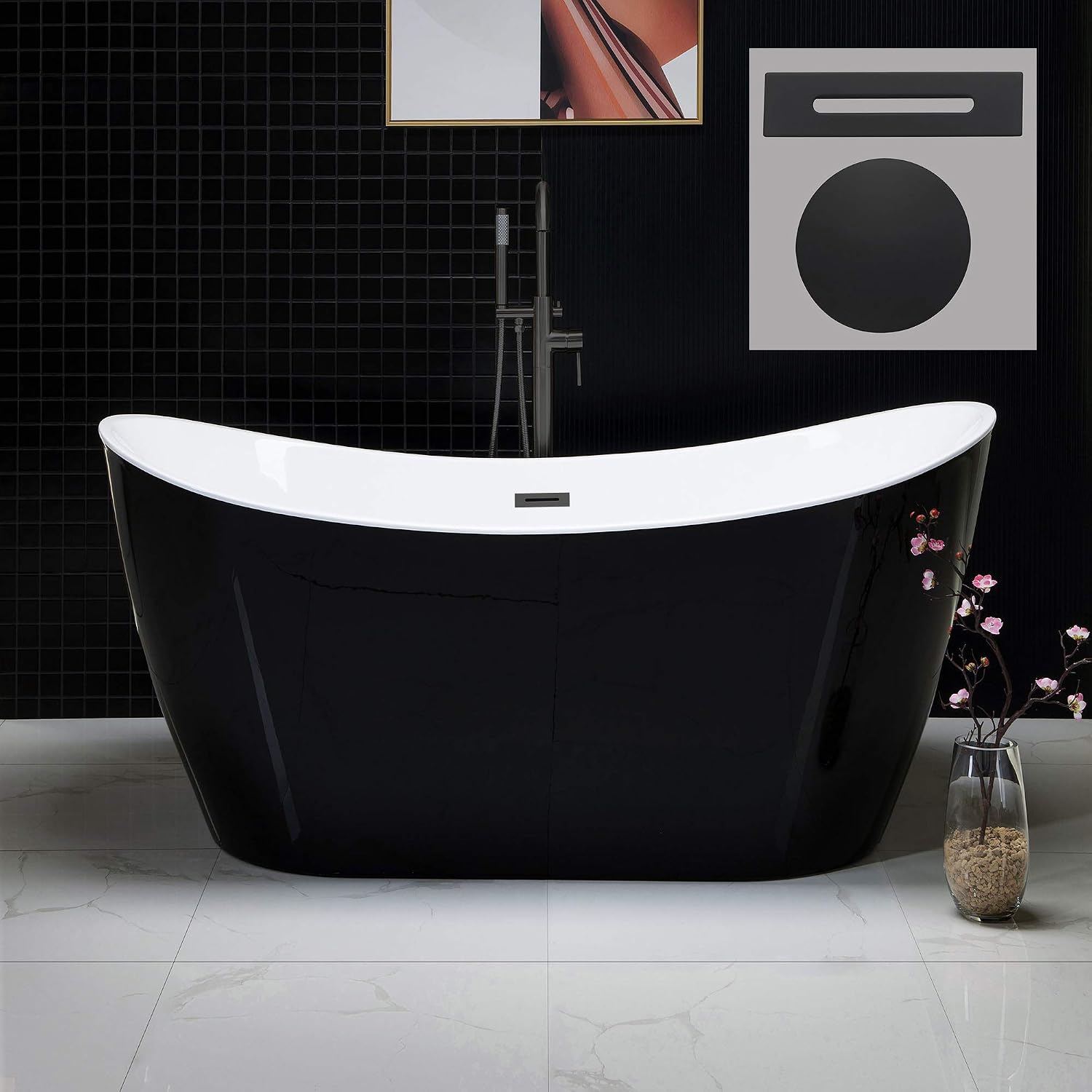 WOODBRIDGE 59' Acrylic Freestanding Bathtub Contemporary Soaking Black Tub with Matte Black Overflow and Drain，B1816-MB-Drain &O