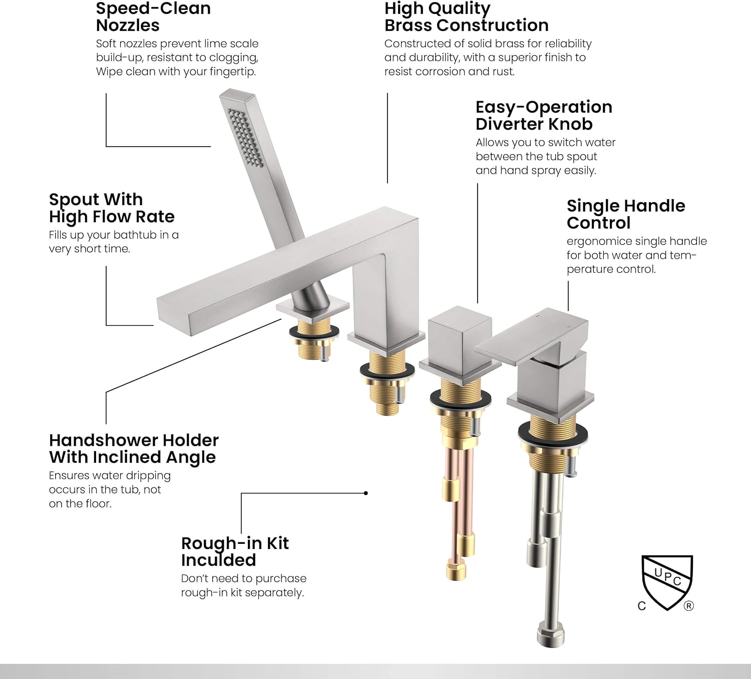 KIBI Cube Roman Single Handle Tub Faucet with Hand Shower | Deck Mount Bathtub Filler Set in Brushed Nickel | Solid Brass Body Bathtub Faucet with Easy Diverter, Pull-Out Spray & 60' Hose (KTF3102BN)