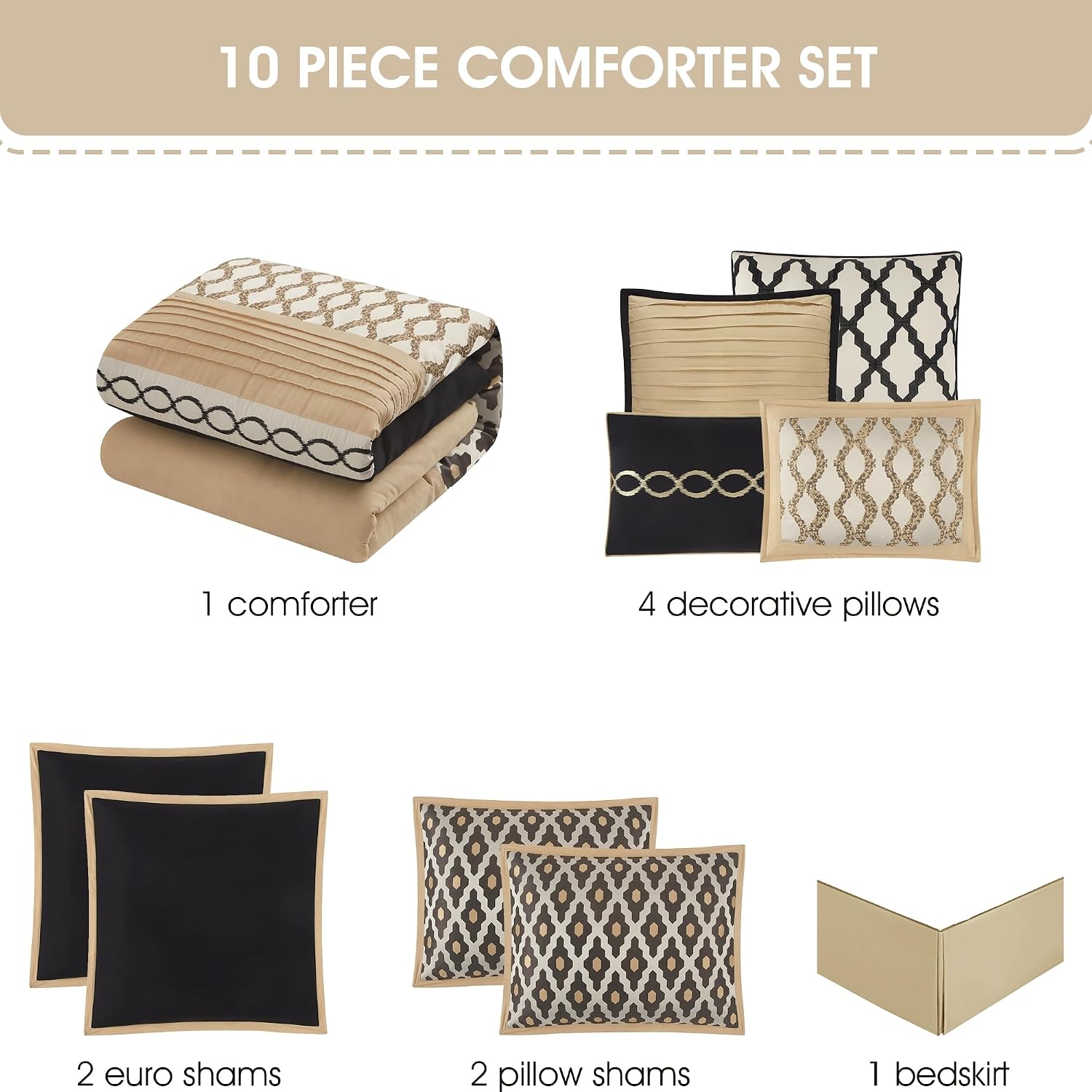Grand Avenue Black Gold Queen Comforter Set, 10 Piece, Jacquard Bedding Comforters & Sets, Matching Bedskirt, Pillows & Shams, Ultra-Soft