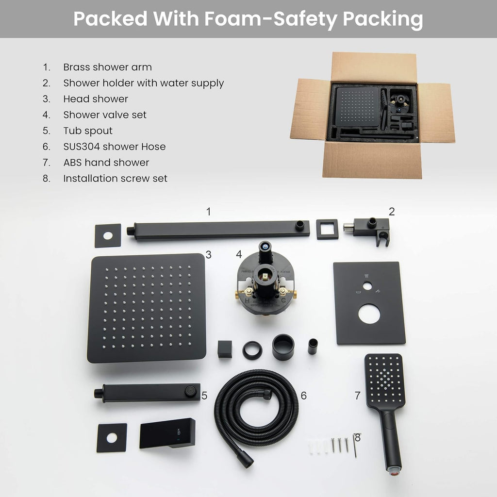 KIBI Cube 3-Function Matte Black Wall Mounted Bathroom Shower System | Solid Brass Pressure Balanced Valve Bath Faucet Set | 15-inch Shower Arm | Handheld Waterfall Shower Mode (KSF406MB)
