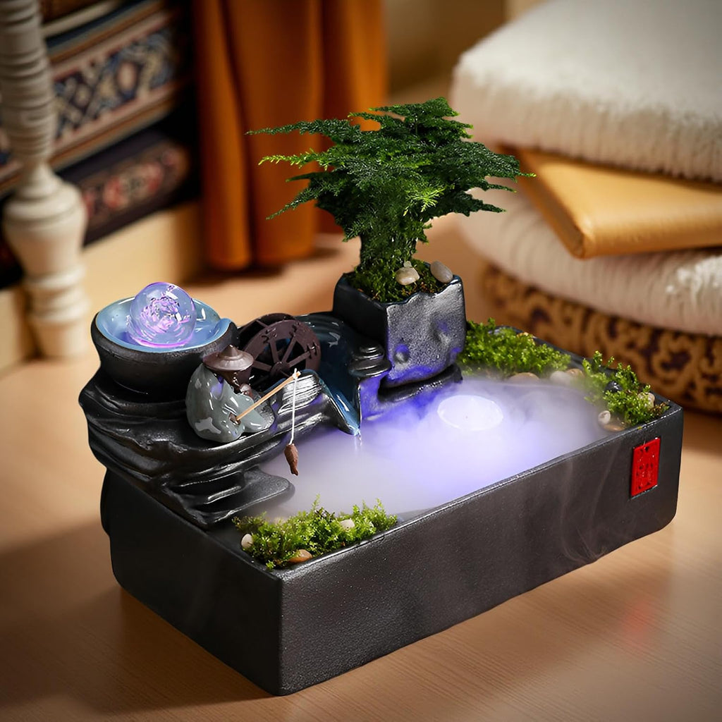 Zen Tabletop Fountain with LED Lights & Mist Maker - Indoor Waterfall Decor with Crystal Stones for Home, Office, Meditation Room - Relaxing Desktop Humidifier Gift (C Style)(C Style)