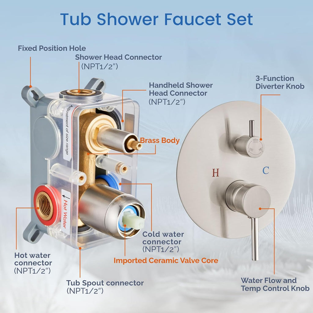 Airuida 3-Function Shower System with Tub Spout – Round Rainfall Shower Faucet Combo,Handheld Spray with 2 Functions,Includes Rough-In Valve with 360° Rotating Drain,8 Inch Shower Head,Brushed Nickel