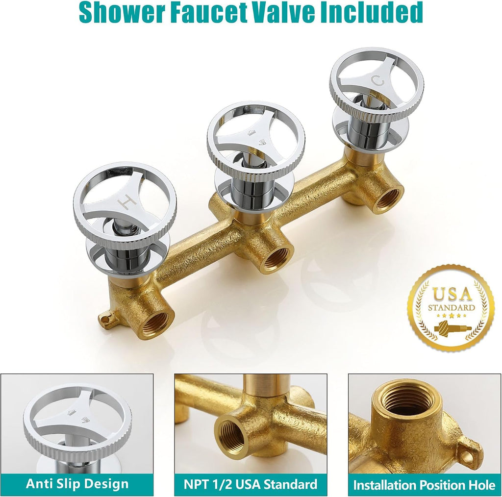 SKOWLL 3 Handle Shower Faucets Set, Polished Chrome Banthroom Shower Sysren with 10 Inch Round Rain Shower Head and Handheld Spray, 2 Function Kit Valve