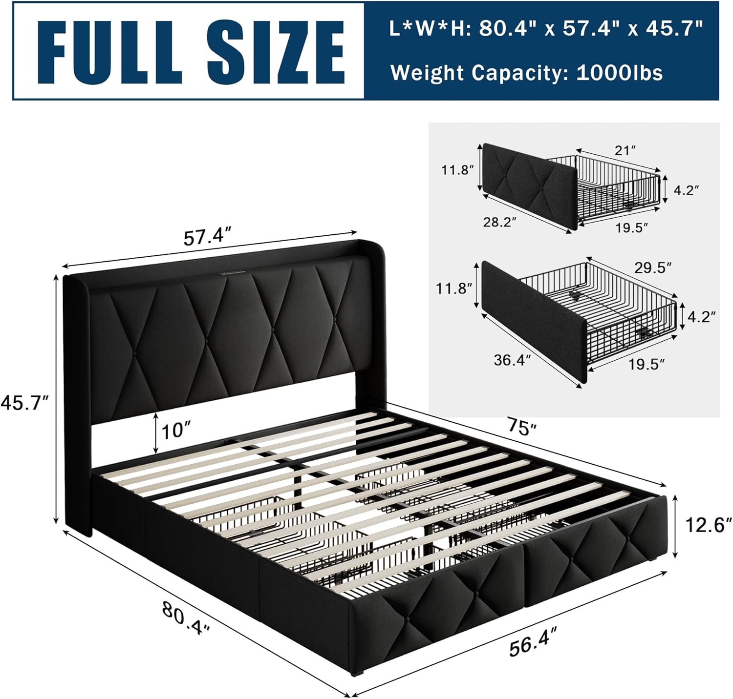 GalnFu Full Size Bed Frame with 4 Large Storage Drawers, Upholstered Platform Bed with Charging Station, Modern Wingback Storage Headboard, Easy Assembly,Noise-Free, Black