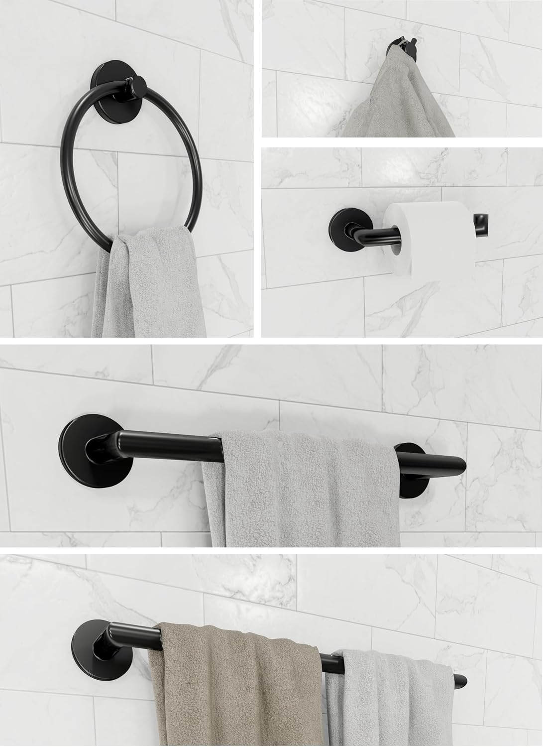 Augustine Bathroom Accessory Complete Set (Black), Robe Hook, Toilet Paper Holder, Towel Ring, Towel Bar (18 and 24 Inch) Wall Mount Hanger for Kitchen Accessories