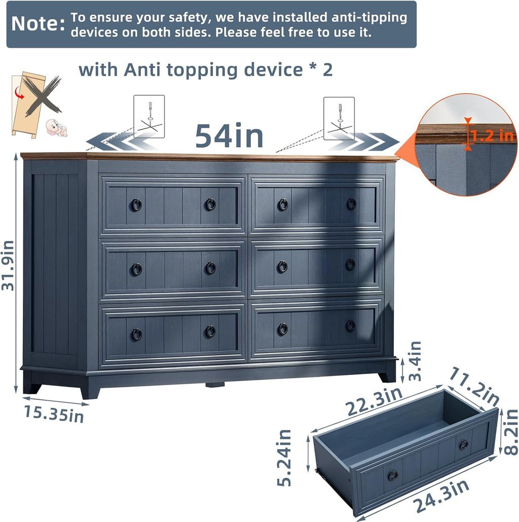 Joaxswe Farmhouse Dresser and Nightstand Sets 3 Piece, Nightstands Set of 2 and 6 Drawers Dressers for Bedroom, 54' Wide Dresser and 18' Inch Night Stand Set for Bedroom, Living Room, Hallway