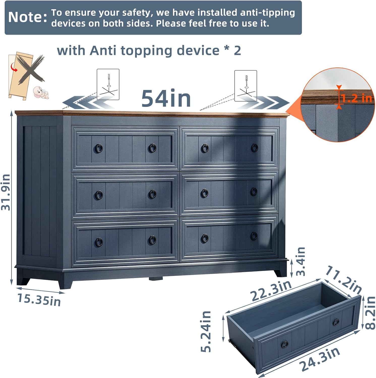 Joaxswe Farmhouse Dresser and Nightstand Sets 3 Piece, Nightstands Set of 2 and 6 Drawers Dressers for Bedroom, 54' Wide Dresser and 18' Inch Night Stand Set for Bedroom, Living Room, Hallway
