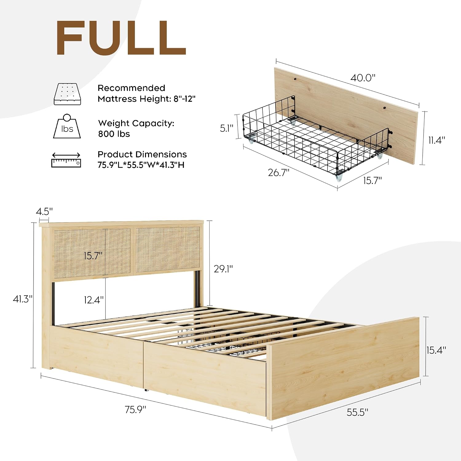 Brafab Natural Rattan Full Size Bed Frame with Wooden Headboard and 4 Storage Drawers, Boho Light Oak Bedframe Cane Wood Metal Platform Beds with Strong Wooden Slat, Noise Free, No Box Spring Needed