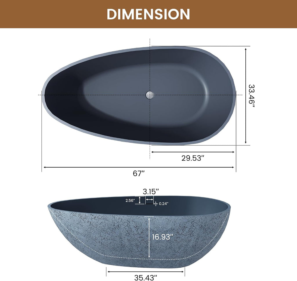 67 Inch Solid Surface Free Standing Tub Oval Stone Resin Soaking Tub Featuring Unique Style of Cement Color, 14.37 Inches Soaking Depth, 75.82 Gallons Water Capacity