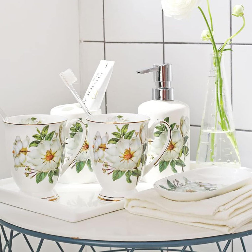 Bathroom Accessories Set 5 Piece Modern Ceramic Bathroom Accessory Set with Soap Dispenser, Tumbler Toothbrush Holder Dish 4pcs Victorian Decor(D)