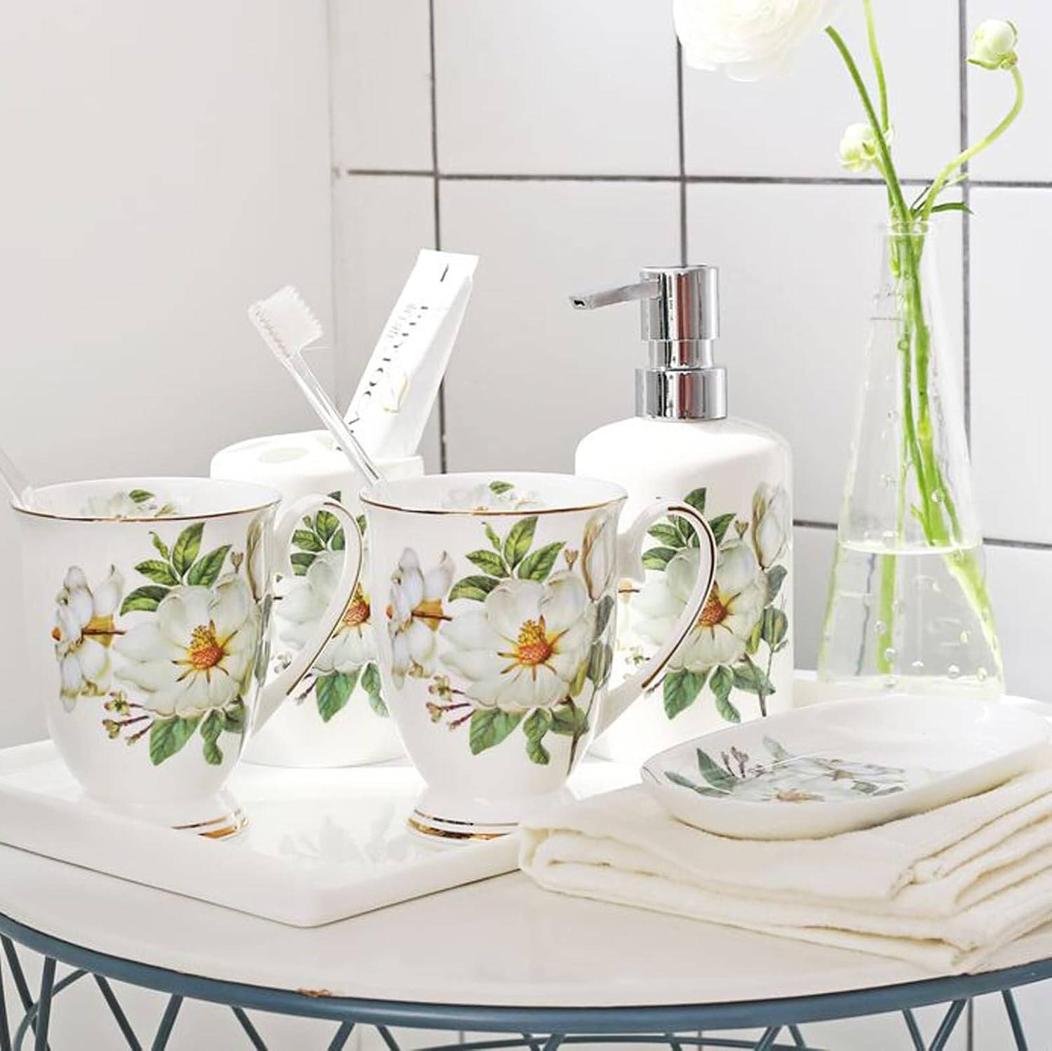 Bathroom Accessories Set 5 Piece Modern Ceramic Bathroom Accessory Set with Soap Dispenser, Tumbler Toothbrush Holder Dish 4pcs Victorian Decor(D)