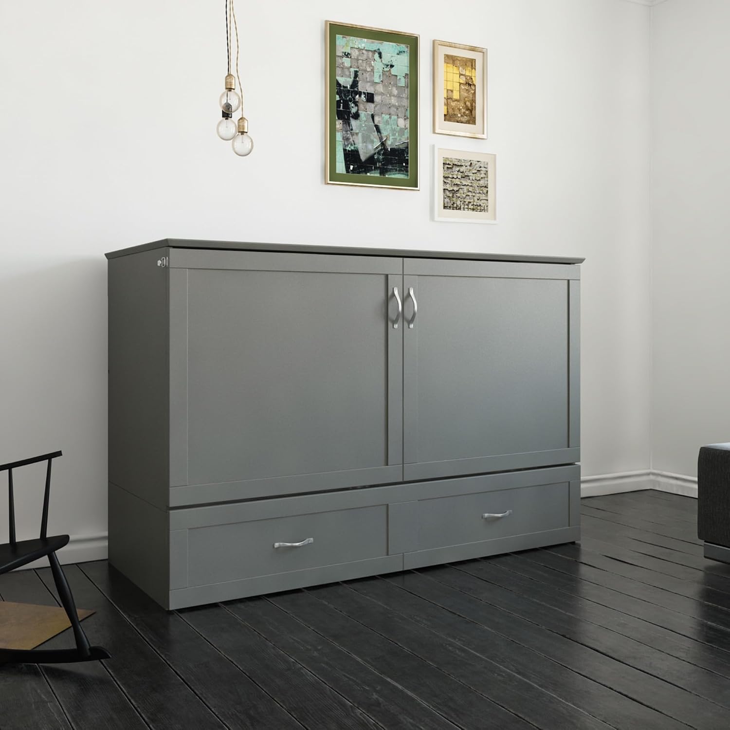 AFI Hamilton Queen Murphy Bed Chest with Mattress, Storage, and Built-in Charger in Grey