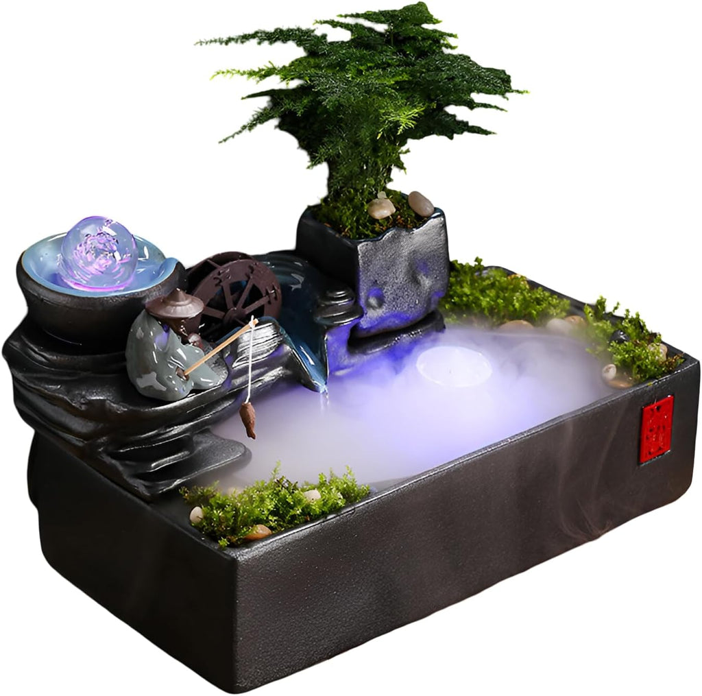 Zen Tabletop Fountain with LED Lights & Mist Maker - Indoor Waterfall Decor with Crystal Stones for Home, Office, Meditation Room - Relaxing Desktop Humidifier Gift (C Style)(C Style)