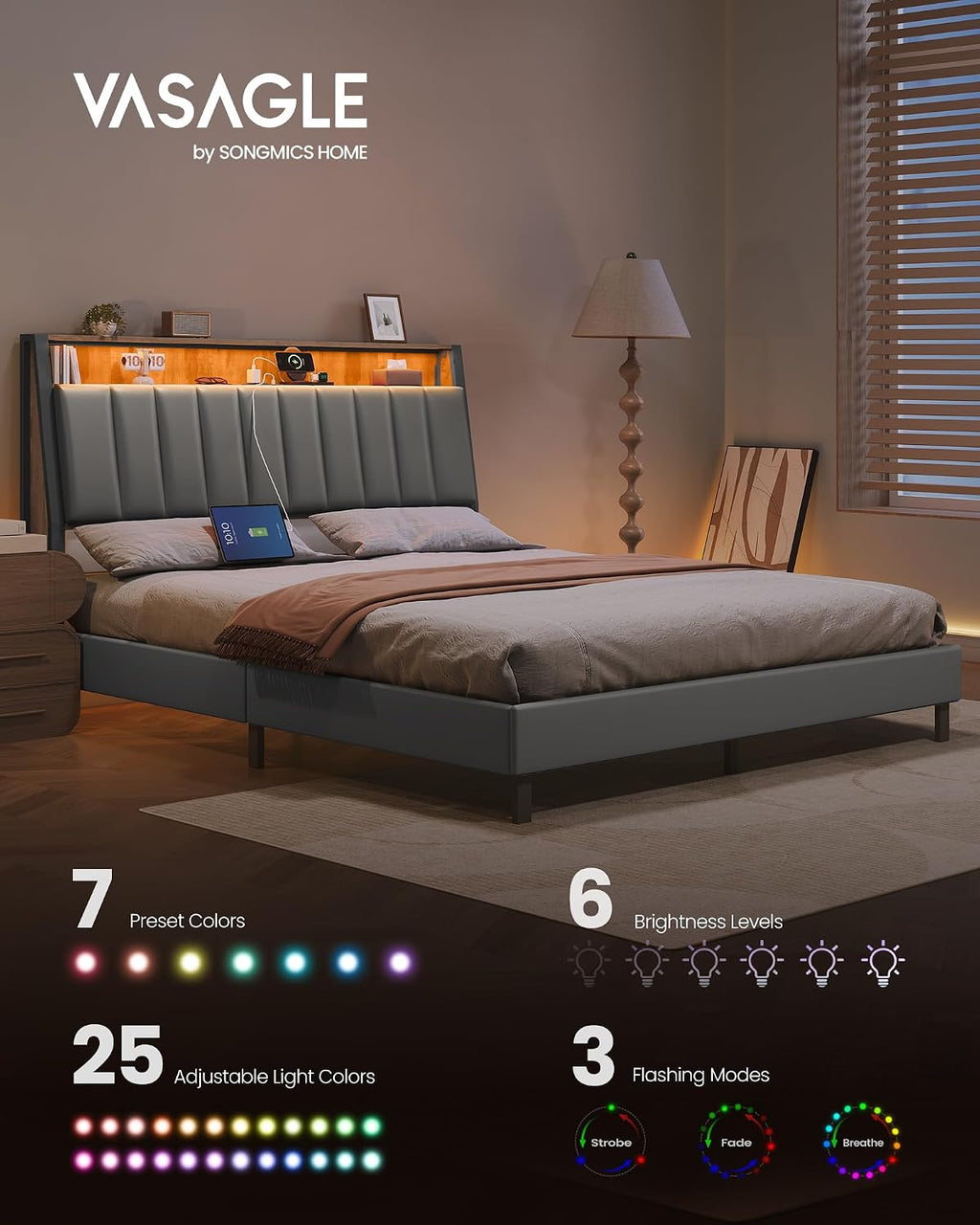 VASAGLE LED Bed Frame Queen Size, Storage Headboard and Charging Station, Queen Bed Frame with 2 AC Outlets, 1 USB Port, 1 Type-C Port, No Box Spring Needed, Dove Gray and Camel Brown URMB841G01