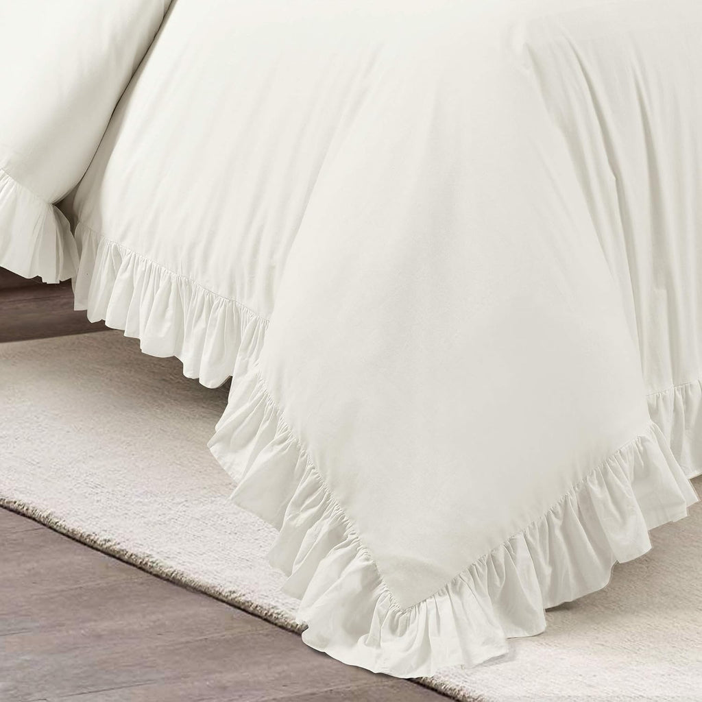 Lush Decor Reyna Ruffle Cotton Duvet Cover Set 3 Piece Set California King, White - King Size Bedding Set - White Duvet King - Ruffled Bedding - Coquette Decor